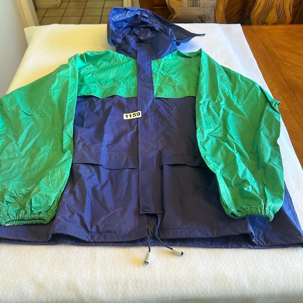 VTG Wetskins Rain Jacket Mens Large Blue Green Colorblock Hooded Waterproof Coat